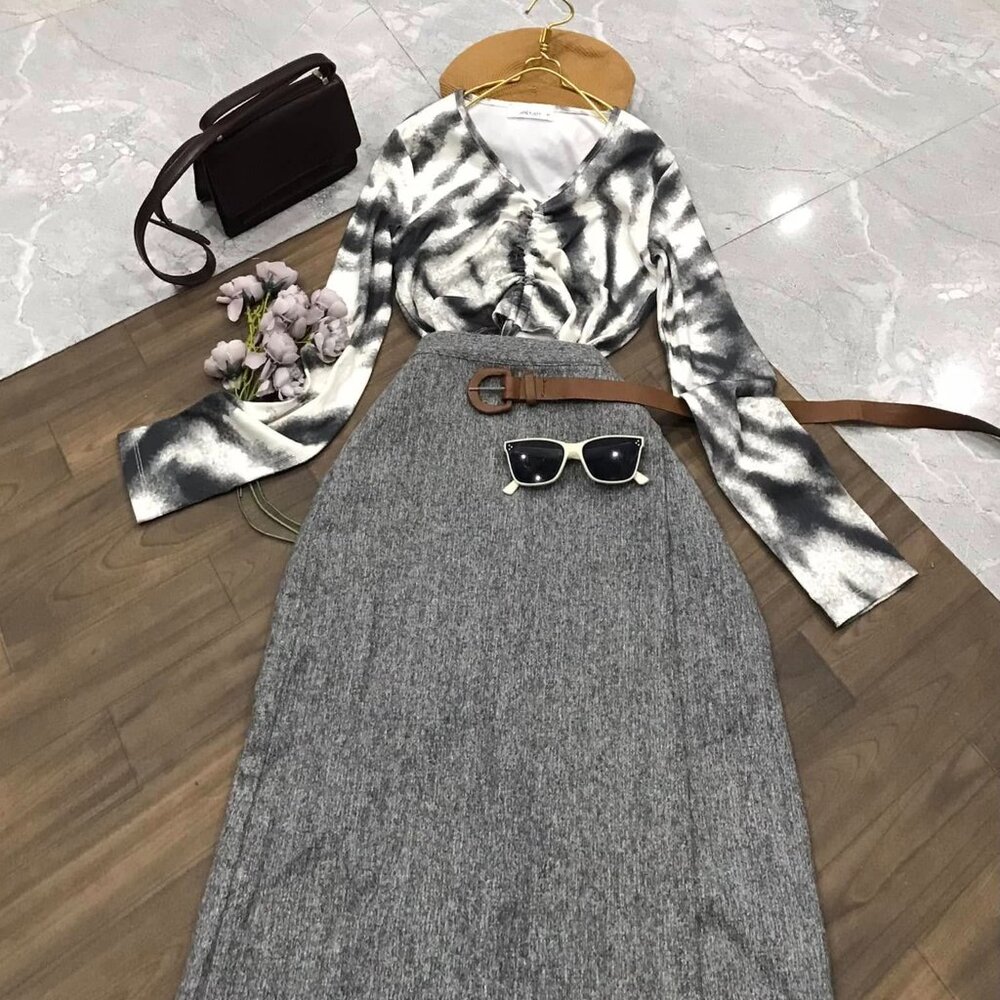 Zebra Print Wrap Top & Gray Knit Skirt Set